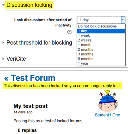 Screenshot of discussion locking options and locked message viewed by users