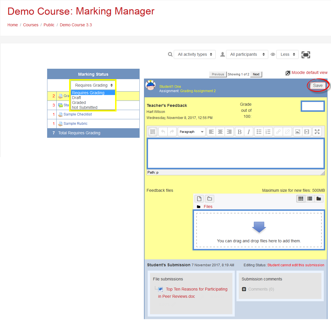 Screenshot of assignment grading in marking manager block