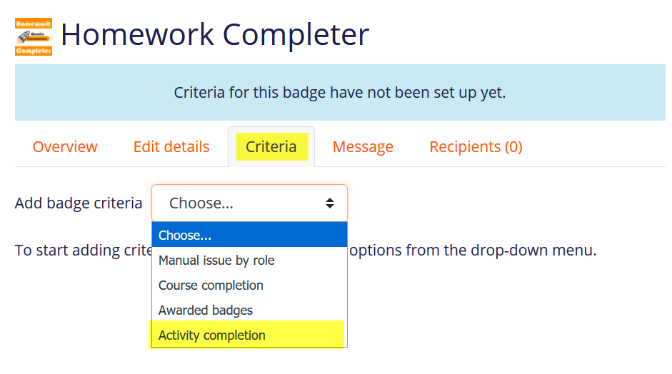 Screenshot of select badge criteria